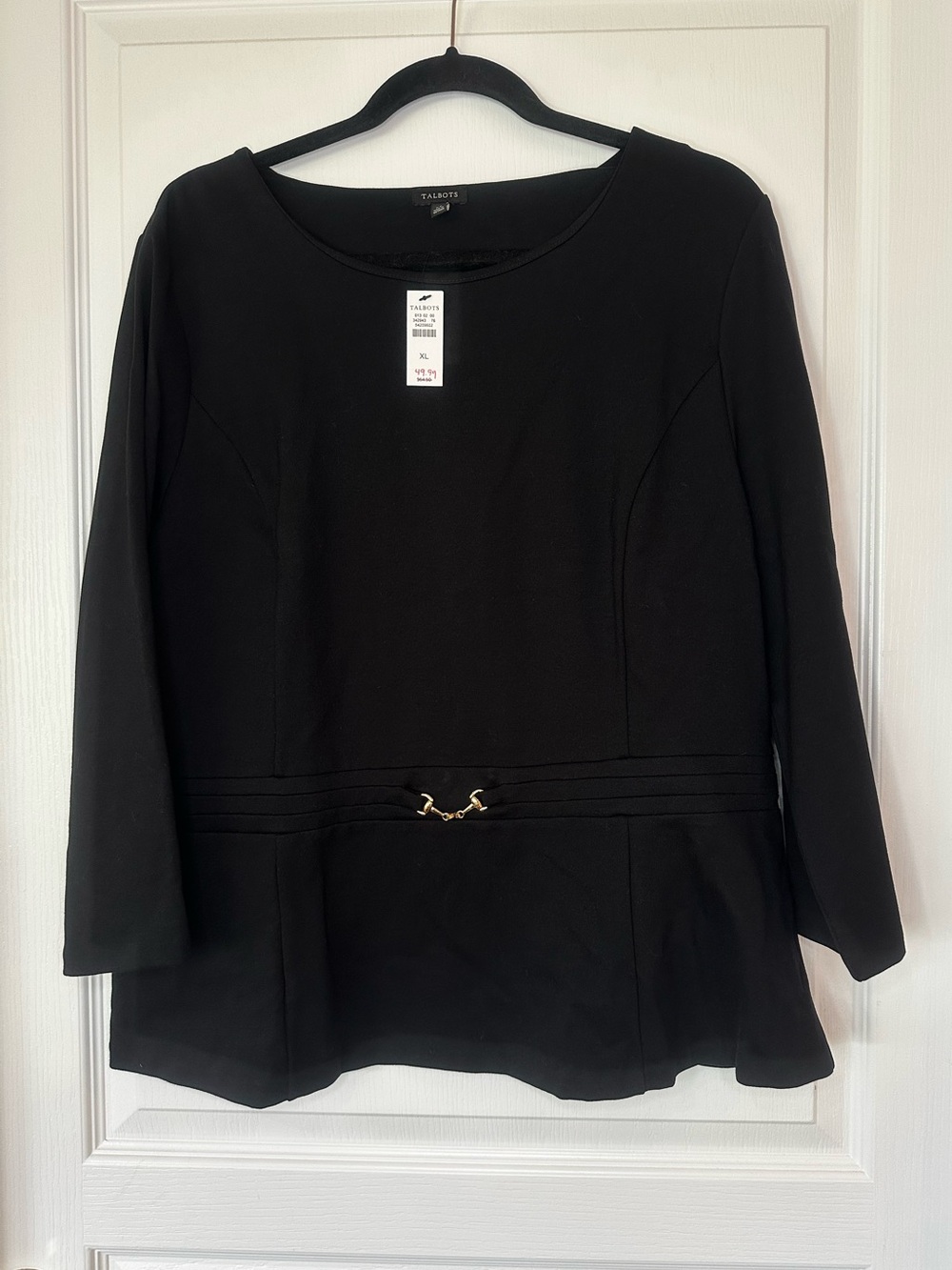 Talbots Black Long-Sleeve Peplum Top with Gold Accent